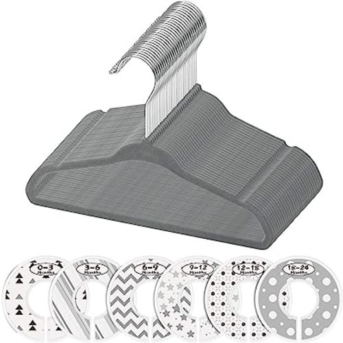 Minnebaby Velvet Baby Hangers, Pack of 30 with 6 Pcs Clothing Dividers, Dark Grey