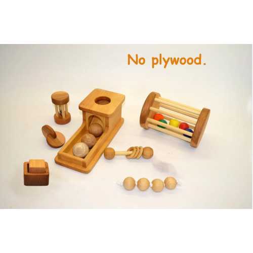 Handmade Wooden Montessori Materials / Set of Rattles / Montessori Object Permanence Box with Tray and 3 Wooden Balls. Set of 7 toys