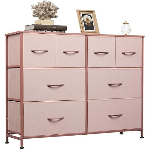 WLIVE 8 Drawer Dresser for Bedroom, Wide Fabric Dresser Storage Organizer, Chest of Drawers with Wood Top, Sturdy Steel Frame, Dressers for Living Room, Closet, Hallway, Pink
