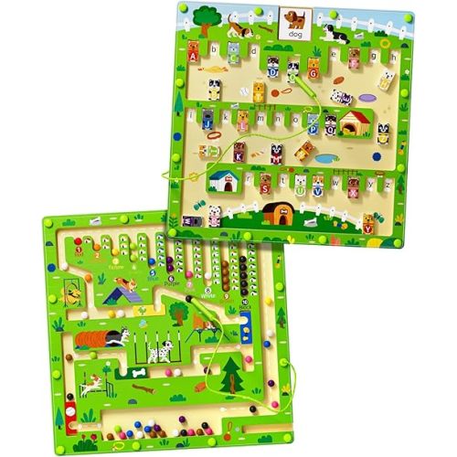 2 in 1 Magnetic Color and Number Maze Magnet Alphabet Counting Dog Puzzle Double Sided Board Fine Motor Skills Montessori Educational Preschool Toys for Boys and Girls 3-5 Age (Wood, One Size)