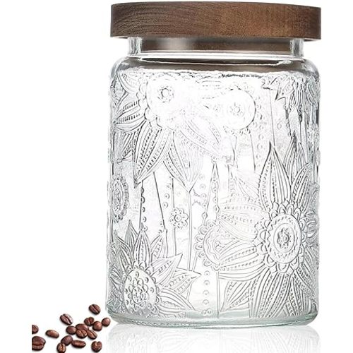 24 OZ Airtight Glass Storage Jar with Bamboo Lid - Vintage Glass Jar Vintage Food Containers Canisters Set for Kitchen Counter & Pantry - Ideal for Sugar, Flour, Coffee, Tea, Candy, Oats, Cereal