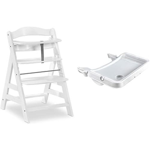hauck Alpha+ Grow Along Adjustable Wooden Booster High Chair, Beachwood, White and High Chair Tray Table for Wooden Alpha+ & Beta+, White