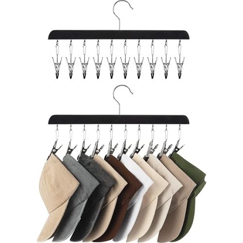 StorageWorks Hat Rack, Closet Organizer and Storage for Baseball Caps,Set of 2 with 10 Adjustable Stainless Steel Clips, Fits All Caps, Black