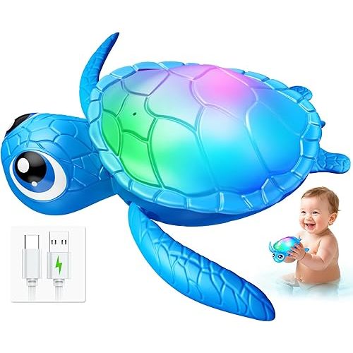 Electric Turtle Bath Toys - Automatic Swimming with Colorful LED Lights, Rechargeable & Auto Shut-Off, Water Pool Floating Toys Bath Bath Toys Easter Basket Stuffers for Toddlers Kids Ages 1-3 2-4 4-8
