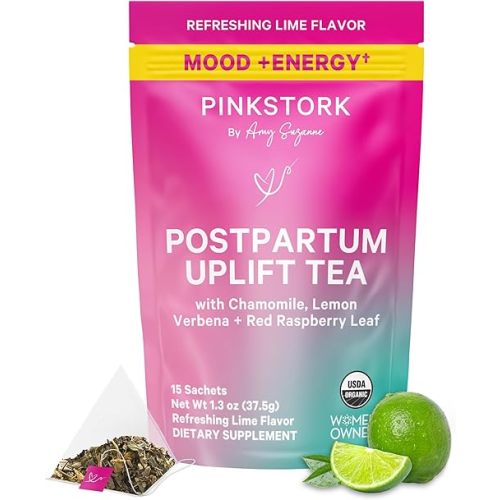 Pink Stork Postpartum Uplift® Mood Support Tea: Hormone Balance for Women After Pregnancy, Chamomile Tea with Red Raspberry Leaf for Postpartum Recovery - Postpartum Essentials - Caffeine-Free, 15 Sachets
