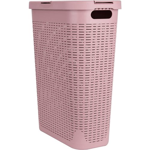 Mind Reader Slim Laundry Hamper with Lid, 40L Clothes Basket, Premium Wicker Design, Plastic, Pink