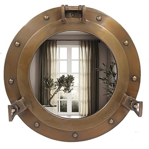 The Metal Magician 12inch Nautical Decor Porthole Wall Mirror, Antique Brass, Mirror for Home, Pirate Decor, Shipwrecked Victorian