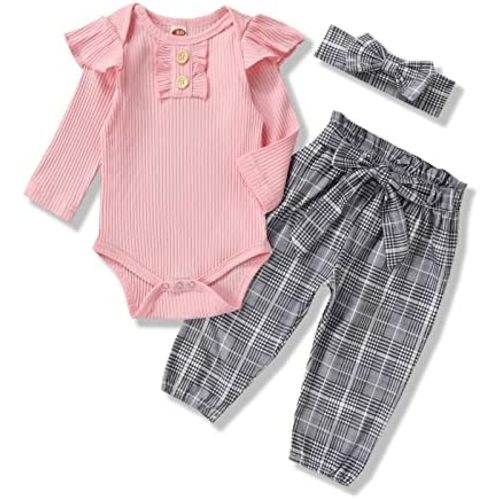 Kislio Newborn Baby Girls Clothes Ribbed Ruffled Romper+Floral Pants+Headband Infant Outfit Set