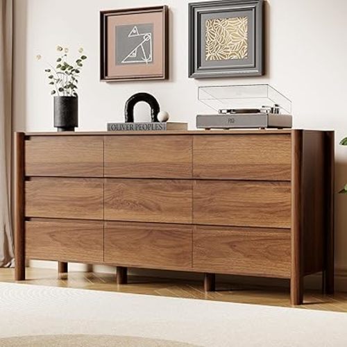 63" Wide 9-Drawer Dresser for Bedroom, Mid-Century Modern Walnut Chest with Solid Wood Legs, Large Storage Organizer, Smooth-Glide Drawers, Anti-Tip Safety, Living Room & Hallway Storage