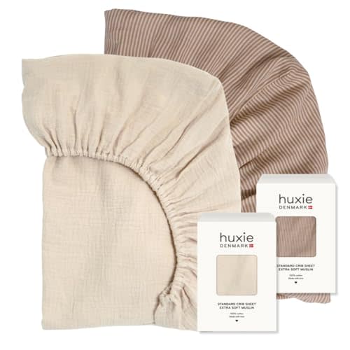 Crib Sheets Organic Cotton Muslin Fitted Crib Sheet Standard Size for Baby Boy and Baby Girl 28" x 52" Ultra-Soft and Breathable. 2-Pack(Fog/Stripe)