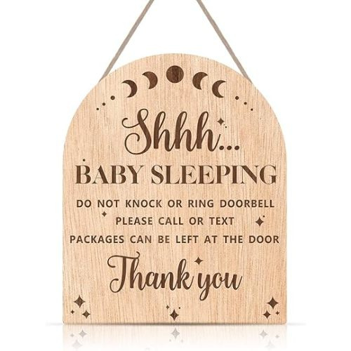 OLMIXA Baby Sleeping Wooden Hanging Sign for Front Door (9.8x12inch), Do Not Knock or Ring Door Knob Hanger Sign, Door Hanger for Outdoor Outside Porch Kids Room Decor