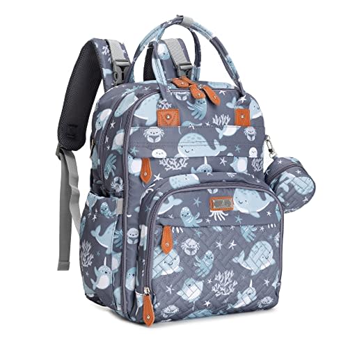 BabbleRoo Diaper Bag Backpack - Baby Essentials Travel Tote - Multi function Waterproof Diaper Bag, Travel Essentials Baby Bag with Changing Pad, Stroller Straps & Pacifier Case - Unisex, Sea Animals