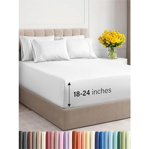 Extra Deep King Sheet Set - 6 Piece Breathable and Cooling Sheets - Hotel Luxury Bed Sheets Set - Easy & Secure Fit - Soft, Wrinkle Free and Comfy Sheets Set - White Sheet Set with Extra Deep Pockets