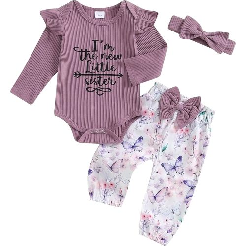 Baby Girl Clothes Newborn Little Sister/Hello World Outfit Long Sleeve Romper Pants Set Preemie Baby Girl Clothes