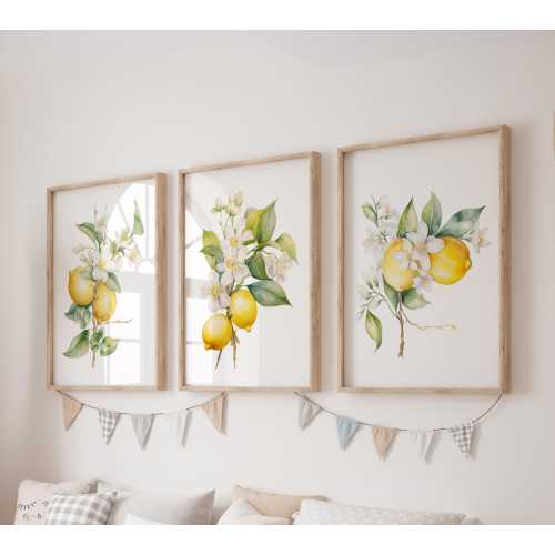 Set of 3 Lemon Prints, Fruit Wall Art Set, Citrus Posters, Modern Art, Floral Kids Bedroom Decor, Girl Nursery Decor, Playroom Prints