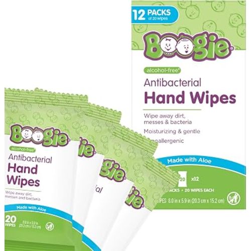 Antibacterial Hand Wipes by Boogie, Alcohol Free, Hypoallergenic and Moisturizing Aloe, Hand Wipes for Kids and Adults, 12 Packs of 20 (120 total wipes)
