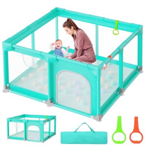 JoyStone Baby Playpen, 50 x 50 in, Non-Slip Base, Soft Mesh Sides, 2 Pull-up Rings, Carry Bag, Green
