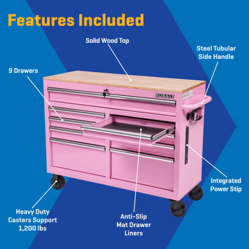 Kobalt 46.1-in L x 37.2-in H 9 -Drawers Rolling Pink Wood Work Bench