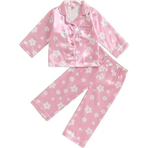 MAINESAKA Baby Girl Short Sleeve Button Down Tops And Shorts Snug Fit Pajamas Set 2 Piece Silk Satin Pjs Summer Sleepwear