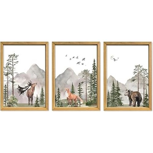 YWJKWLGS Wild Woodland Animals Nursery Wall Art Decor 11"×16" Set of 3 Jungle Theme Safari Forest Deer Bear Fox Posters Wood Framed Sign for Childrens Boys Girls Room Watercolor Prints Hanging (Wood)