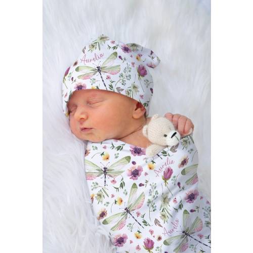 Dragonfly Swaddle Blanket With Name Dragonflies Baby Swaddle Blanket Wildflower Baby Shower Gift Floral Crib Sheet Dragonfly Flowers Nursery