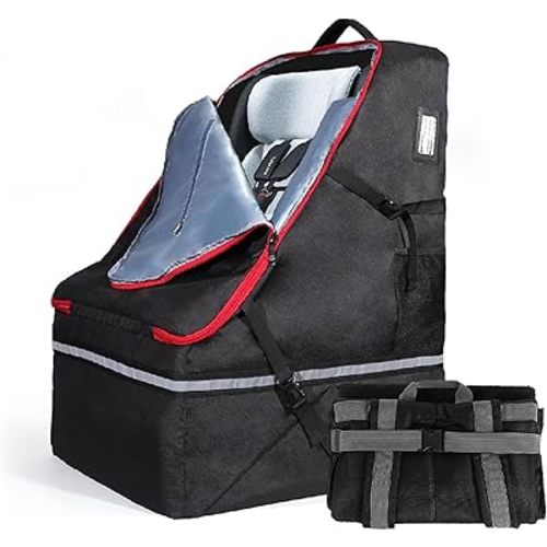 360° Padded Car Seat Travel Bag for Airplane, Waterproof Baby CarSeat Backpack for Air Travel, Universal Fit for Graco Chicco Britax Evenflo Cybex Maxi Cosi Peg Doona &Base 20"X21"X30", Large