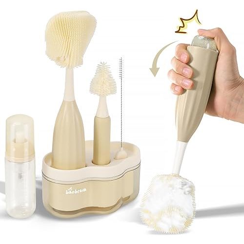 6-in-1 Baby Bottle Clearner Brush Set: Easier Foam Generating with Ergonomical Pump Dispenser, Serving Bottle, Nipple, Straw, and Breast Pump. Drying Rack and Travel Bag Included, Beige-Brown.
