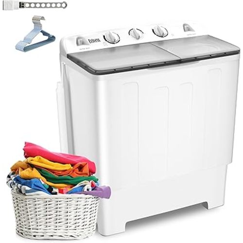 32 lbs Compact Mini Twin Tub Washing Machine with Drying Rack&10 Hangers, 20 lbs Washer Mini Compact Laundry Machine and 12 lbs Spinner, Convenient and Efficient for Dorms, Apartment