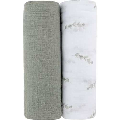 Ely's & Co. Muslin Swaddle Blanket 2-Pack — 100% Cotton Muslin Extra-Large Swaddle Blankets (47” x 47”) Watercolor Eucalyptus Print & Solid Sage