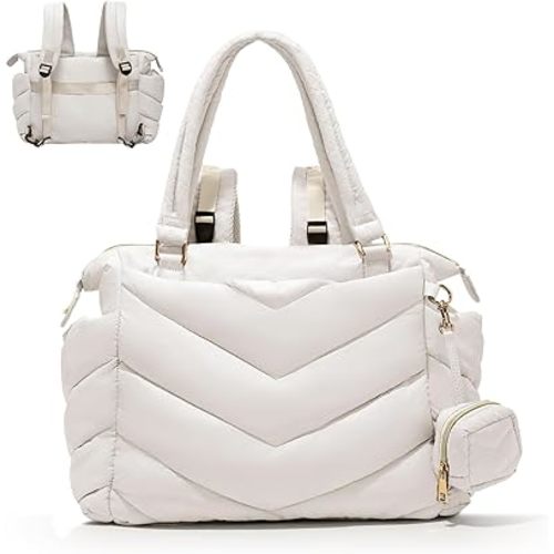 Diaper Bag Tote, Diaper Bag Backpack,Puffer Tote Bag with Pacifier Case, Lightweight Mommy for Hospital, Puffy with 10 Pockets, Convertible Baby for Travel,Beige
