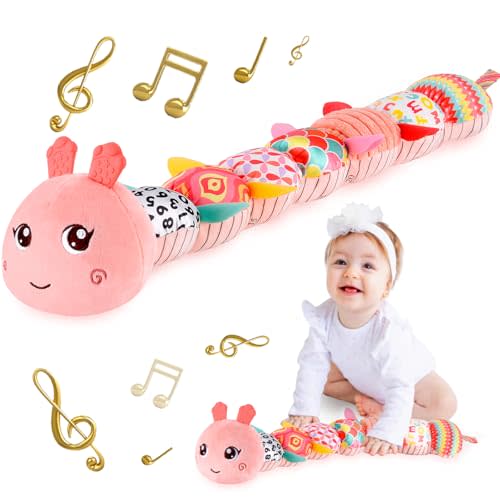 TURKIDS Infant Baby Musical Stuffed Animal Activity Soft Toys with Multi-Sensory Crinkle, Rattle and Textures for 0-3-6-12 Months Developmental Toys, Caterpillar, Pink