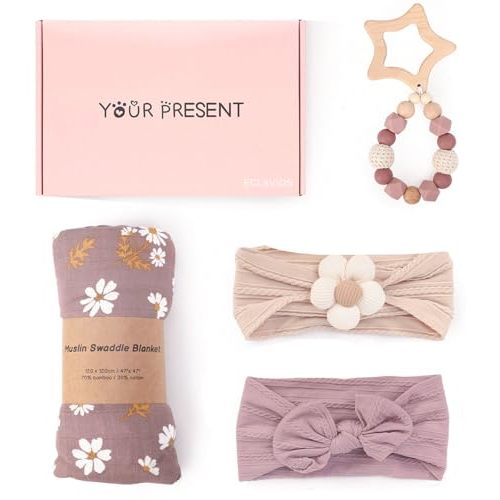 ECLAVIOS Baby Girl Gifts Set, Baby Shower Gifts for Girls, Daisy Baby Bamboo Muslin Swaddle Blanket with Matching Flower Headbands, Baby Teether, New Born Baby Girl Gift Basket