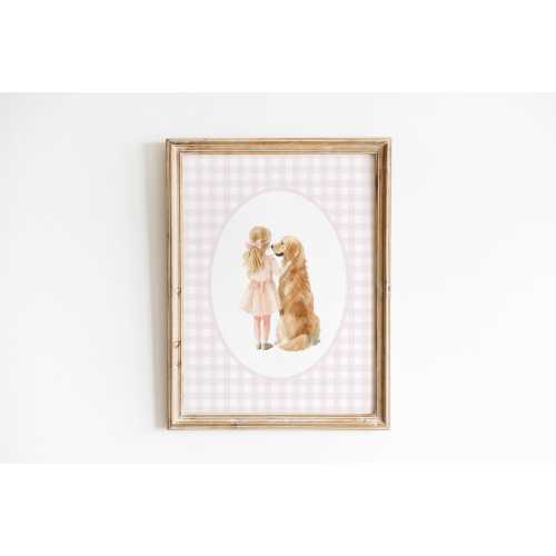 Golden Retriever with Blonde Little Girl Nursery Decor, Watercolor Dog Theme Nursery Print, Baby Girl Nursery Wall Art, Pink Bow Gingham