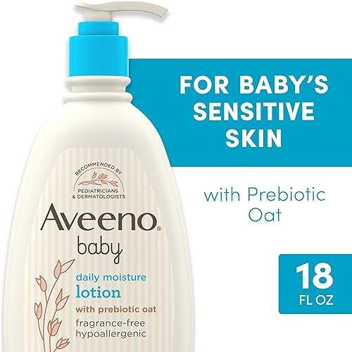 Aveeno Baby Daily Moisture Body Lotion for Sensitive Skin, Hypoallergenic Moisturizing Baby Lotion with Nourishing Oatmeal to Deeply Moisturize Baby's Skin, Fragrance-Free, 18 fl. oz