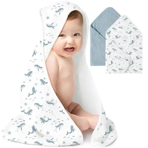 Konssy 2-Pack Muslin Hooded Baby Towels, 100% Cotton, Ultra-Soft & Absorbent Baby Bath Towels with Hood for Newborn & Infant (Blue, Blue Whale, 30'' x 30'')