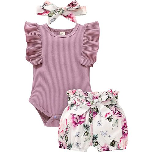 Tiny Cutey Baby Girl Clothes Infant Summer Outfits Set Ruffle Sleeve Romper and Floral Shorts with Headband