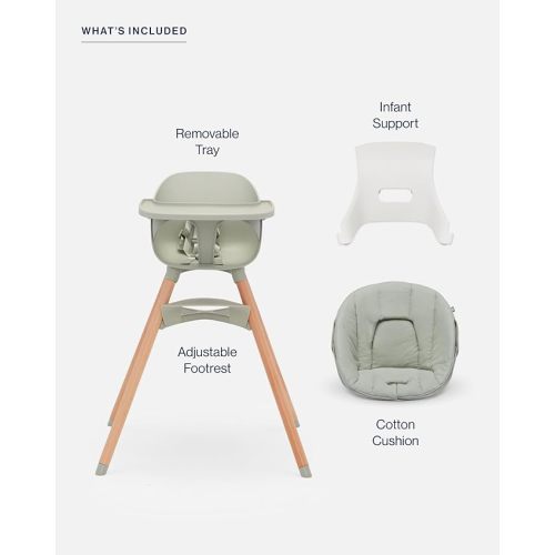 Lalo The High Chair Infant Kit - Convertible Wooden High Chair for Babies & Toddlers with Infant Support & Cushion, Grows with Your Child, Dishwasher Safe Tray, Adjustable Footrest Sage
