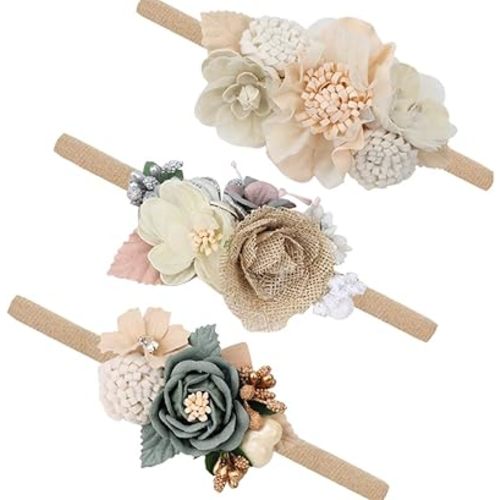 Baby Girl Flower Nylon Headband-Elastic Hair Band Handmade Bow For Newborn Infant Toddler Pack of 3 (Multicoloured)