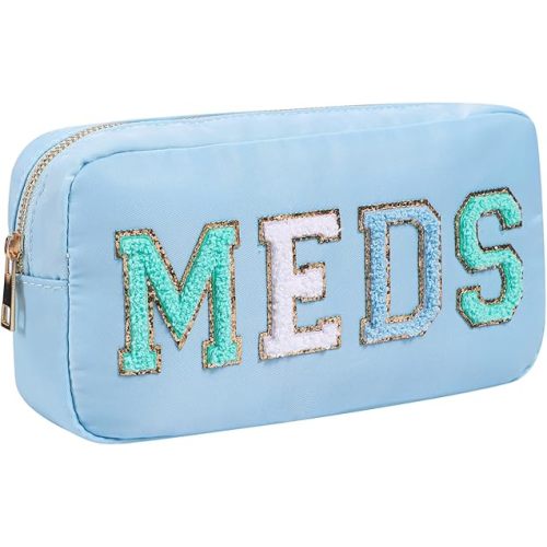 Chenille Letter Patch Nylon Medicine Packages,Cute MEDS Travel Makeup Bag with Metal Zipper, First Aid Purse Organizer Cosmetic Bag for Women and Girls(02Light Blue)