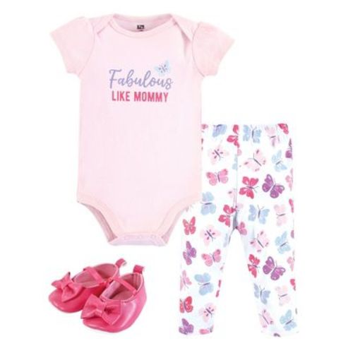 Hudson Baby Infant Girl Cotton Bodysuit, Pant and Shoe Set, Fabulous Butterfly, 6-9 Months