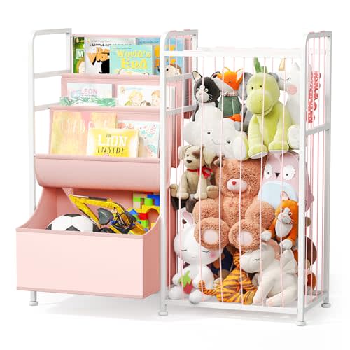 BBLIKE Kids Bookshelf and Stuffed Animal Storage - Multi-Function Nursery Book Shelves with Leather Toy Box and PVC Book Display, Toy Organizer for Playroom, Bedroom, Nursery, Pink