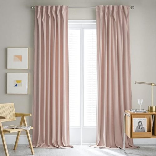 MUMFAS Baby Pink Velvet Curtains for Girls Bedroom, Back Tab Rod Pocket Soundproof Room Darkening Window Drapes Light Blocking Privacy Assured for Living Room 52 x 108 Inch Length, 2 Panels Set