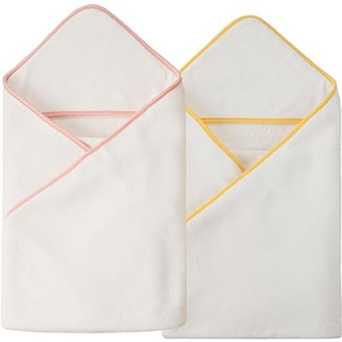 POLYTE Premium Hypoallergenic Microfiber Hooded Baby Bath Towel, 36 x 36 in, 2 Pack (White w/Yellow,Pink Trim)