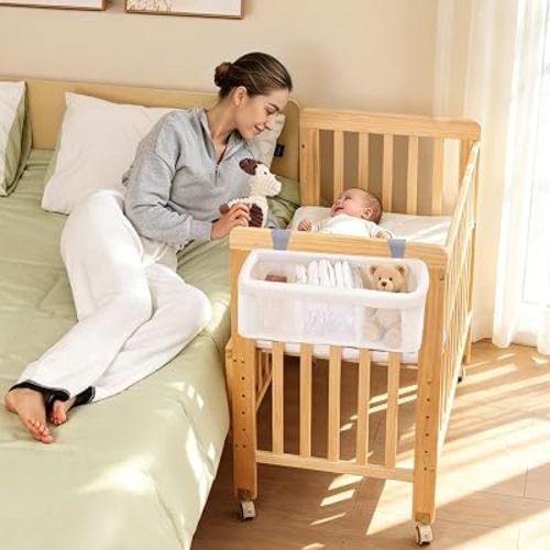Wood Baby Bassinets Bedside Sleeper, Mini Crib with Storage Basket&Mattress