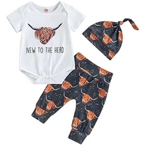 Western Newborn Baby Boy Fall Clothes New to The Herd Onesie Cow Print Pants 3Pcs Country Cowboy Coming Home Outfit
