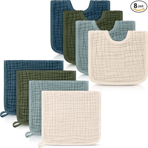 Tallew 8 Pack Muslin Burp Cloths and Baby Bibs for Boy Girl 20" x 10" Cotton Baby Bandana Drool Bibs Muslin Burp Cloths Absorbent Rag for Newborn Toddler Infant Gifts(Light Color)