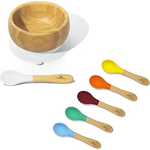 Avanchy Bamboo Baby Bowl with Spoon and Removable Silicone Suction Base – Non-Toxic, BPA-Free Feeding Bowl for Babies and Toddlers – Natural Bamboo Suction Bowl, White with 6 Spoons