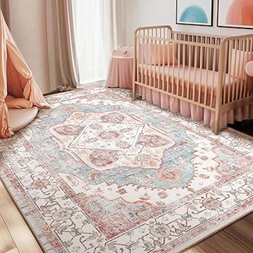 8x10 Area Rug Vintage Machine Washable Low Pile Carpet No Shedding Area Rugs for Living Room Bedroom Dining Room Kitchen Entryway Hallway Office Indoor-Pink/Blue/Red/Orange