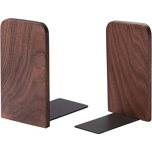Muso Wood Book Ends for Shelves, Non-Slip Bookends, Heavy Duty Wooden Bookend Support for Books and Movies (Walnut 1 Pair)