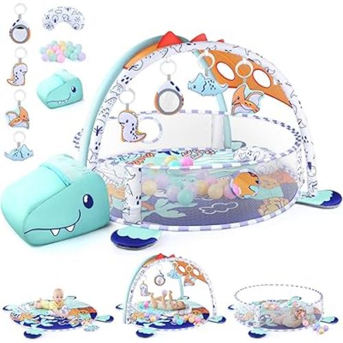 5-in-1 Baby Play Mat - Dinosaur Themed Activity Gym for Babies 0-6 Months with Ball Pit, Detachable Sensory Toys, Pillow, Machine Washable